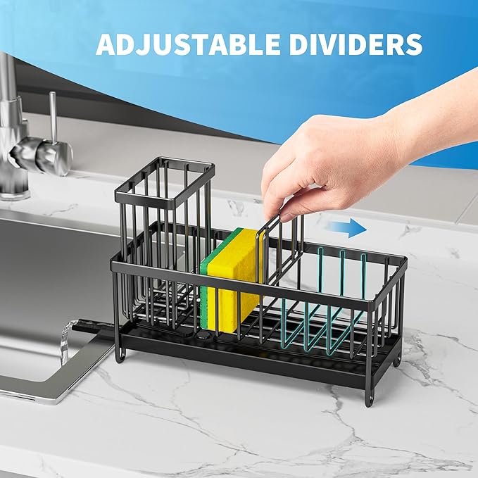 Cisily Black Sponge Holder for Kitchen Sink, Sink Caddy Organizer with High Brush Holder, Kitchen Countertop Organizers and Storage Essentials, Rustproof 304 Stainless Steel, Soap Dispenser Organize Visit the Cisily Store