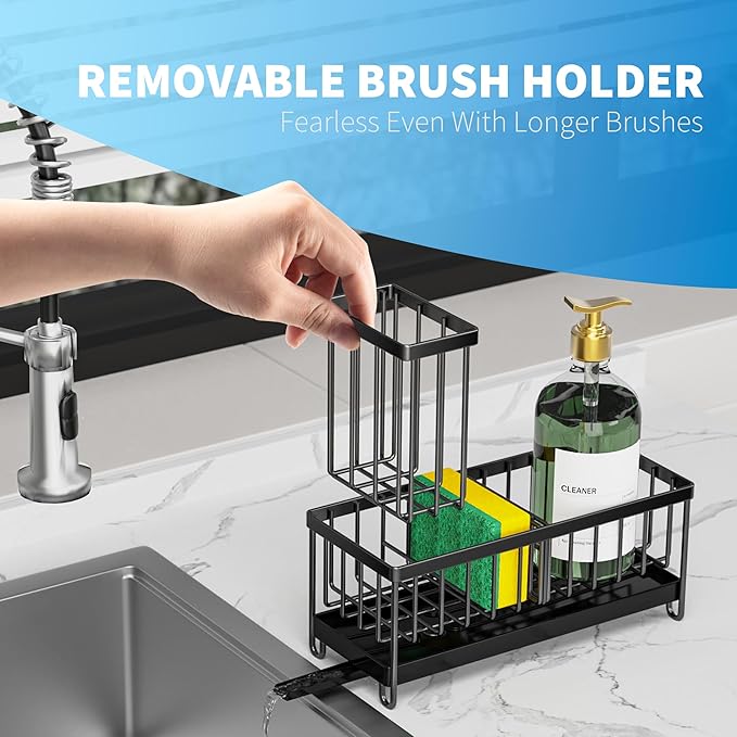 Cisily Black Sponge Holder for Kitchen Sink, Sink Caddy Organizer with High Brush Holder, Kitchen Countertop Organizers and Storage Essentials, Rustproof 304 Stainless Steel, Soap Dispenser Organize Visit the Cisily Store