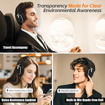 Hybrid Active Noise Cancelling Bluetooth Headphones, Over Ear Wireless Headphones with 40H Playtime, Deep Bass, Memory Foam Ear Cups for Home Office Travel