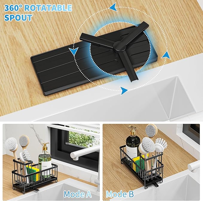 Cisily Black Sponge Holder for Kitchen Sink, Sink Caddy Organizer with High Brush Holder, Kitchen Countertop Organizers and Storage Essentials, Rustproof 304 Stainless Steel, Soap Dispenser Organize Visit the Cisily Store