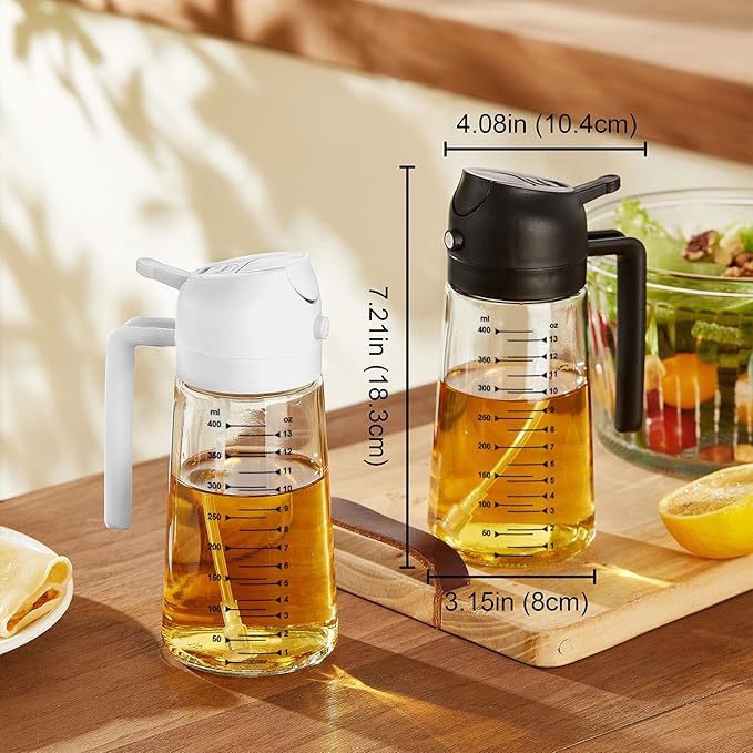 TrendPlain 16oz/470ml Glass Olive Oil Sprayer for Cooking – 2 in 1 Olive Oil Dispenser Bottle for Kitchen Gadgets and Air Fryer Accessories, Salad, BBQ - Black