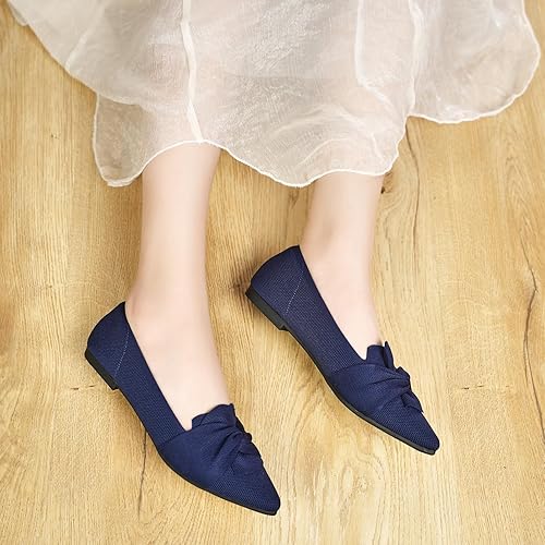 Flats for Womens Pointed Toe Ballet Flats with Bow Comfortable Knit Dressy Flats