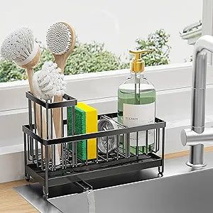 Cisily Black Sponge Holder for Kitchen Sink, Sink Caddy Organizer with High Brush Holder, Kitchen Countertop Organizers and Storage Essentials, Rustproof 304 Stainless Steel, Soap Dispenser Organize Visit the Cisily Store